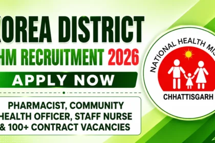 Korea District NHM Recruitment 2026 thumbnail with a light green gradient background, bold recruitment announcement text, and National Health Mission Chhattisgarh logo highlighting pharmacist, CHO, staff nurse, and contract vacancies.