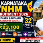 Karnataka NHM Recruitment 2026 thumbnail featuring NHM Karnataka logo, pharmacist candidate, Karnataka state map, 32 vacancies, B.Pharm and D.Pharm eligibility, and salary of ₹23,100 per month.