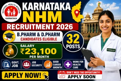 Karnataka NHM Recruitment 2026 thumbnail featuring NHM Karnataka logo, pharmacist candidate, Karnataka state map, 32 vacancies, B.Pharm and D.Pharm eligibility, and salary of ₹23,100 per month.