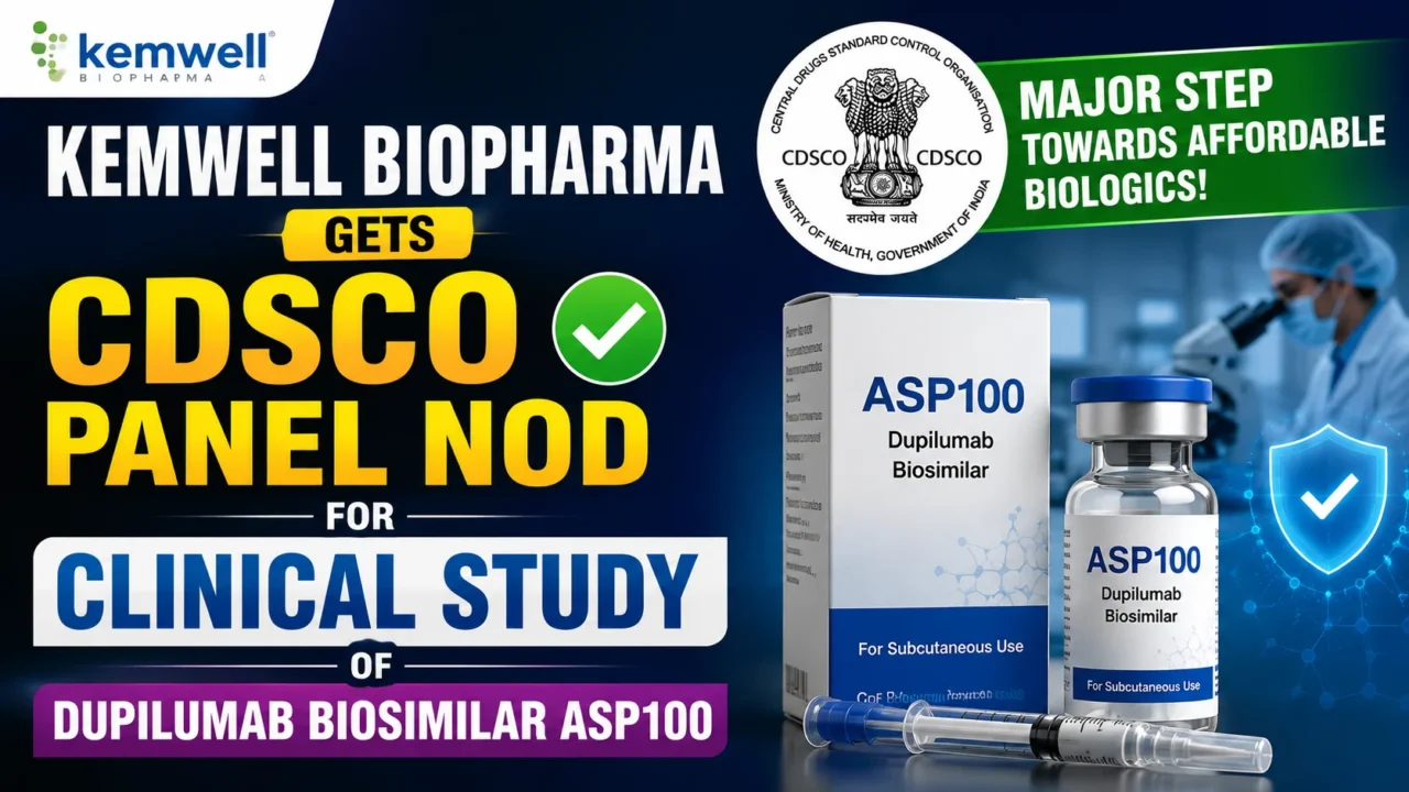YouTube thumbnail showing Kemwell Biopharma receiving CDSCO panel approval for a clinical study of ASP100, a Dupilumab biosimilar, with bold text, CDSCO emblem, biosimilar vial, and clinical research visuals.