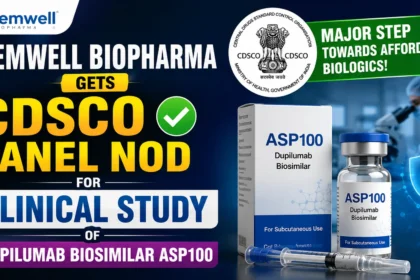 YouTube thumbnail showing Kemwell Biopharma receiving CDSCO panel approval for a clinical study of ASP100, a Dupilumab biosimilar, with bold text, CDSCO emblem, biosimilar vial, and clinical research visuals.