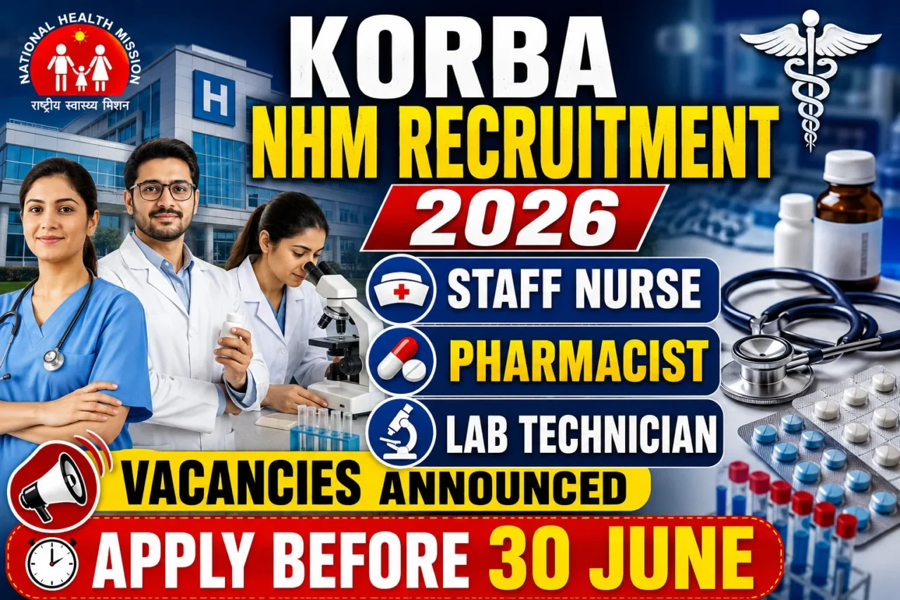 Korba NHM Recruitment 2026 thumbnail featuring Staff Nurse, Pharmacist, and Lab Technician vacancies with hospital background, medical professionals, laboratory equipment, medicines, and an application deadline of 30 June.