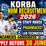 Korba NHM Recruitment 2026 thumbnail featuring Staff Nurse, Pharmacist, and Lab Technician vacancies with hospital background, medical professionals, laboratory equipment, medicines, and an application deadline of 30 June.