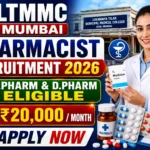 LTMMC Mumbai Pharmacist Recruitment 2026 thumbnail featuring a pharmacist, hospital building, pharmacy medicines, and recruitment details highlighting B.Pharm & D.Pharm eligibility with a salary of ₹20,000 per month.