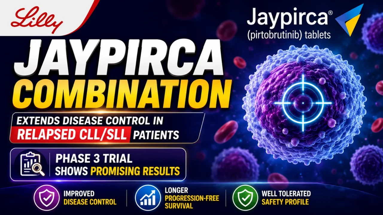 Lilly Jaypirca (pirtobrutinib) combination therapy infographic showing improved disease control and promising Phase 3 trial results for relapsed CLL/SLL patients, with a targeted cancer cell illustration.