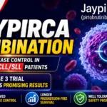 Lilly Jaypirca (pirtobrutinib) combination therapy infographic showing improved disease control and promising Phase 3 trial results for relapsed CLL/SLL patients, with a targeted cancer cell illustration.