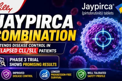 Lilly Jaypirca (pirtobrutinib) combination therapy infographic showing improved disease control and promising Phase 3 trial results for relapsed CLL/SLL patients, with a targeted cancer cell illustration.