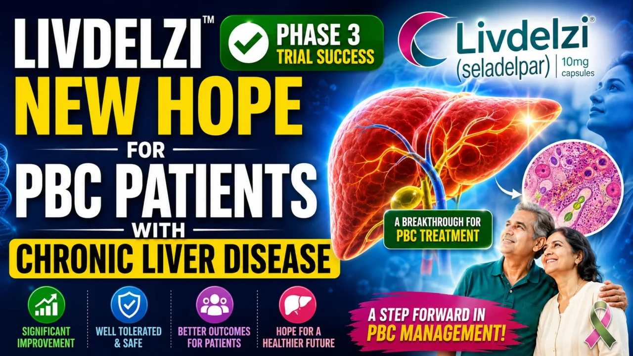 Livdelzi Phase 3 clinical trial success thumbnail showing a healthy liver illustration, PBC treatment breakthrough message, and hopeful patient imagery highlighting new hope for chronic liver disease patients.