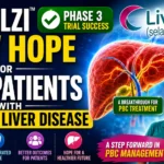 Livdelzi Phase 3 clinical trial success thumbnail showing a healthy liver illustration, PBC treatment breakthrough message, and hopeful patient imagery highlighting new hope for chronic liver disease patients.