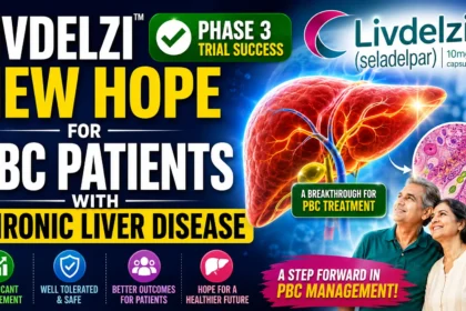 Livdelzi Phase 3 clinical trial success thumbnail showing a healthy liver illustration, PBC treatment breakthrough message, and hopeful patient imagery highlighting new hope for chronic liver disease patients.