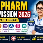 Educational thumbnail featuring a pharmacy student in a laboratory setting with bold text about M.Pharm Admission 2026, including admission guide, eligibility, entrance exam, important dates, and application process.