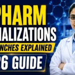 Educational thumbnail featuring a pharmacy professional in a laboratory setting with bold text highlighting M.Pharm specializations, all branches explained, and a 2026 guide.