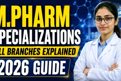 Educational thumbnail featuring a pharmacy professional in a laboratory setting with bold text highlighting M.Pharm specializations, all branches explained, and a 2026 guide.