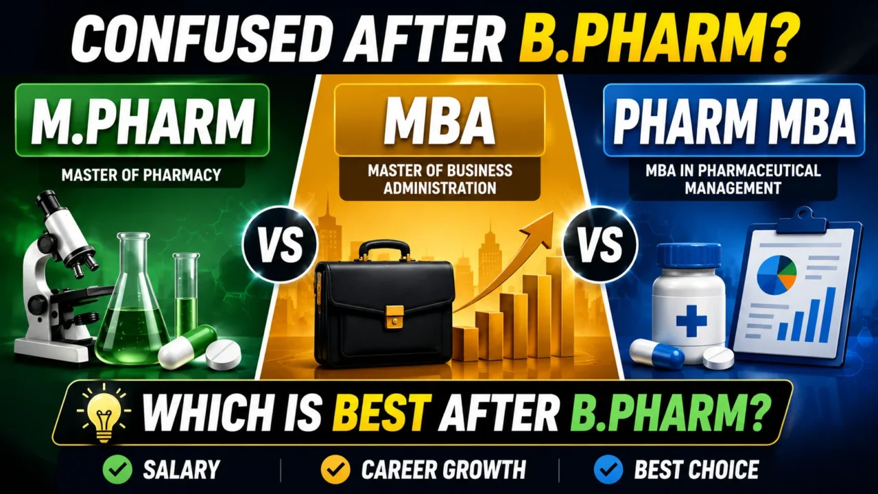 Comparison of M.Pharm, General MBA, and Pharm MBA after B.Pharm showing career growth, salary potential, and best career path options for pharmacy graduates.