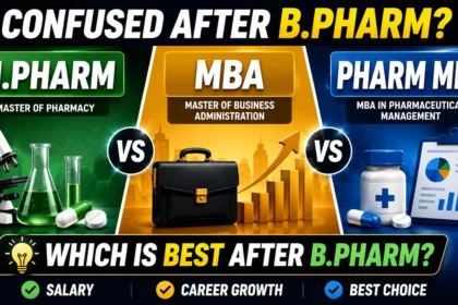 Comparison of M.Pharm, General MBA, and Pharm MBA after B.Pharm showing career growth, salary potential, and best career path options for pharmacy graduates.