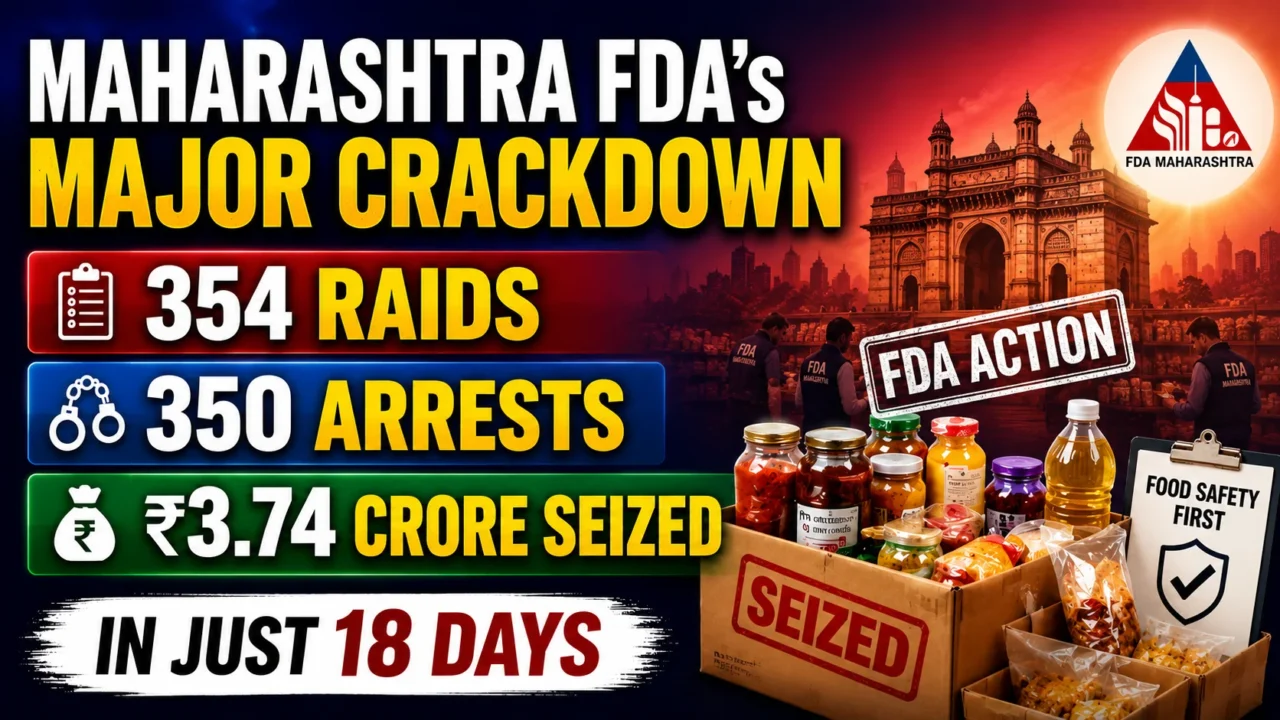 News-style thumbnail highlighting Maharashtra FDA’s major crackdown with key statistics including 354 raids, 350 arrests, and ₹3.74 crore seized in 18 days. The design features the FDA Maharashtra logo, food safety inspection visuals, seized food products, and a vibrant red-blue gradient background.