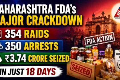 News-style thumbnail highlighting Maharashtra FDA’s major crackdown with key statistics including 354 raids, 350 arrests, and ₹3.74 crore seized in 18 days. The design features the FDA Maharashtra logo, food safety inspection visuals, seized food products, and a vibrant red-blue gradient background.