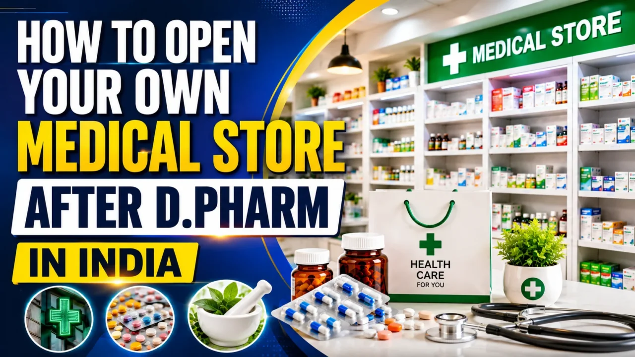 Professional YouTube thumbnail showing how to open a medical store after D.Pharm in India. The design features a modern pharmacy interior, medicine shelves, capsules, healthcare products, a medical shopping bag, and bold text highlighting pharmacy business opportunities.