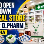 Professional YouTube thumbnail showing how to open a medical store after D.Pharm in India. The design features a modern pharmacy interior, medicine shelves, capsules, healthcare products, a medical shopping bag, and bold text highlighting pharmacy business opportunities.