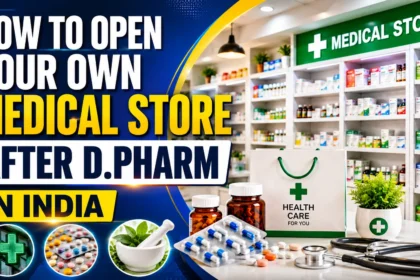 Professional YouTube thumbnail showing how to open a medical store after D.Pharm in India. The design features a modern pharmacy interior, medicine shelves, capsules, healthcare products, a medical shopping bag, and bold text highlighting pharmacy business opportunities.