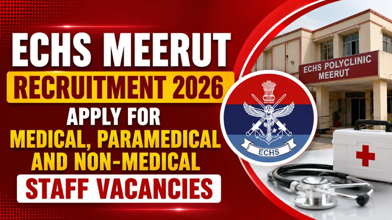 ECHS Meerut Recruitment 2026 thumbnail featuring a red gradient background, ECHS Polyclinic Meerut building, ECHS emblem, medical equipment including a stethoscope and first-aid kit, and bold recruitment announcement text for medical, paramedical, and non-medical staff vacancies.