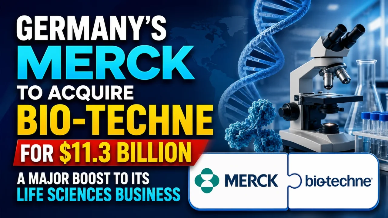 YouTube thumbnail showing Germany's Merck acquiring Bio-Techne for $11.3 billion, featuring Merck and Bio-Techne logos, DNA strand, microscope, and laboratory research visuals representing life sciences and biotechnology.