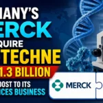YouTube thumbnail showing Germany's Merck acquiring Bio-Techne for $11.3 billion, featuring Merck and Bio-Techne logos, DNA strand, microscope, and laboratory research visuals representing life sciences and biotechnology.