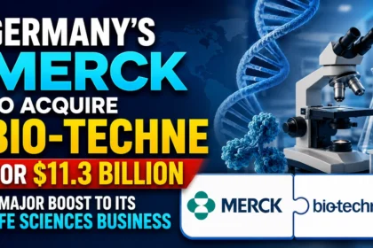 YouTube thumbnail showing Germany's Merck acquiring Bio-Techne for $11.3 billion, featuring Merck and Bio-Techne logos, DNA strand, microscope, and laboratory research visuals representing life sciences and biotechnology.