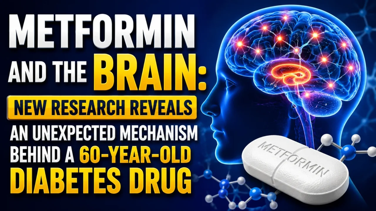 Metformin and the Brain thumbnail showing a glowing human brain, neural activity, and a metformin tablet highlighting new research on the diabetes drug's effects on brain function.