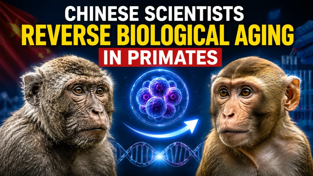 Thumbnail showing two macaque monkeys representing before-and-after aging reversal, with stem cells, DNA strands, laboratory elements, and the headline "Chinese Scientists Reverse Biological Aging in Primates."