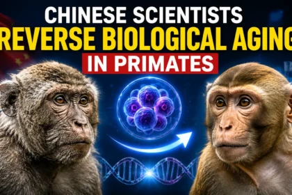 Thumbnail showing two macaque monkeys representing before-and-after aging reversal, with stem cells, DNA strands, laboratory elements, and the headline "Chinese Scientists Reverse Biological Aging in Primates."