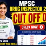 MPSC Drug Inspector 2026 Cut Off Marks Released thumbnail featuring a pharmacist holding a result sheet, bold “CUT OFF OUT!” text, category-wise cut-off table, trophy, target icon, and official update badge.