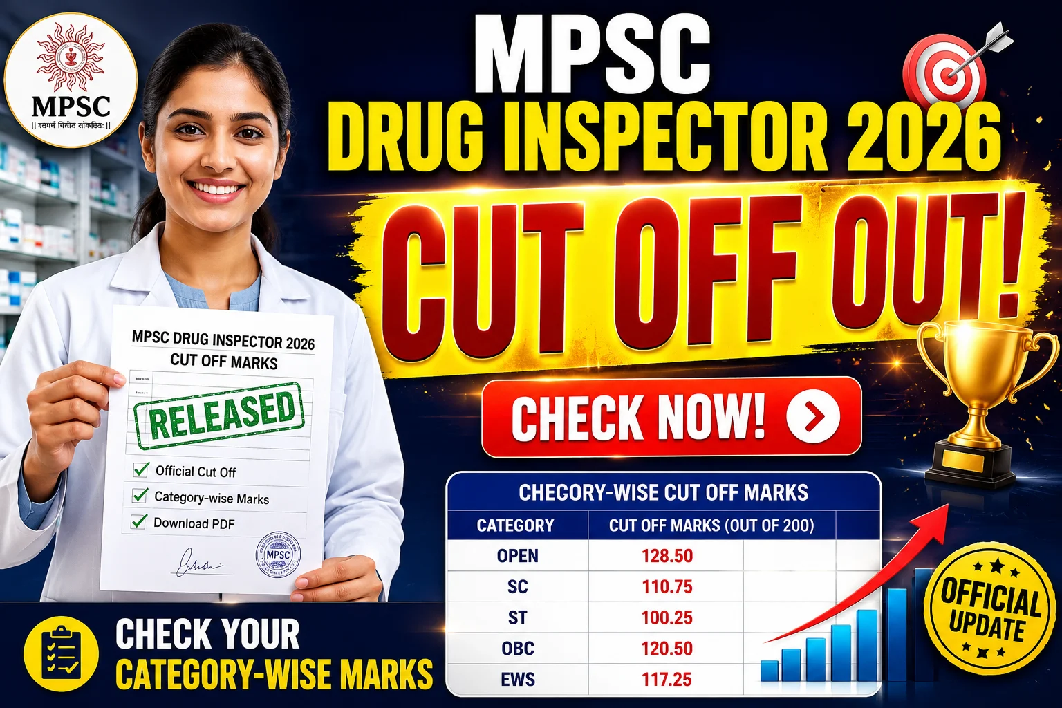 MPSC Drug Inspector 2026 Cut Off Marks Released thumbnail featuring a pharmacist holding a result sheet, bold “CUT OFF OUT!” text, category-wise cut-off table, trophy, target icon, and official update badge.