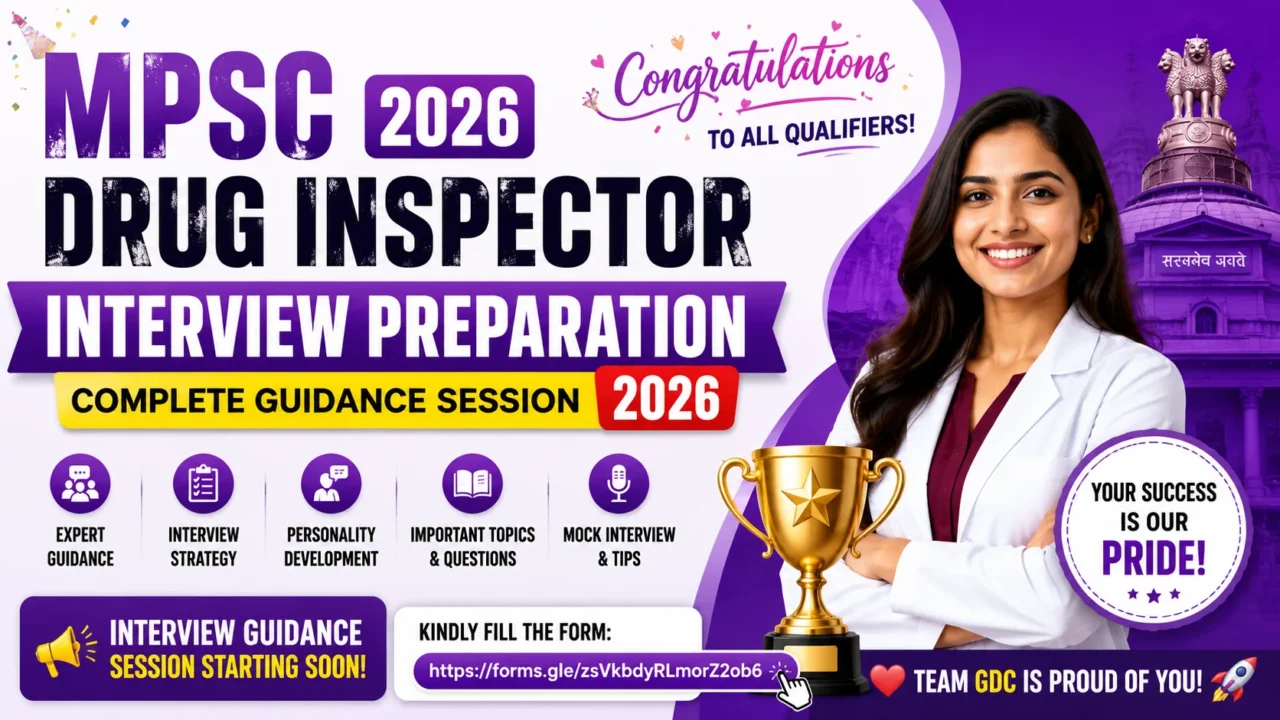 MPSC Drug Inspector Interview Preparation 2026 promotional banner featuring interview guidance session details, expert preparation topics, congratulatory message for qualifiers, and a purple-themed professional design.