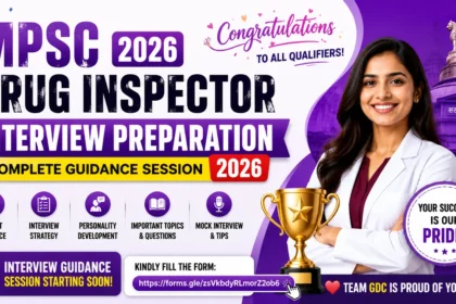 MPSC Drug Inspector Interview Preparation 2026 promotional banner featuring interview guidance session details, expert preparation topics, congratulatory message for qualifiers, and a purple-themed professional design.