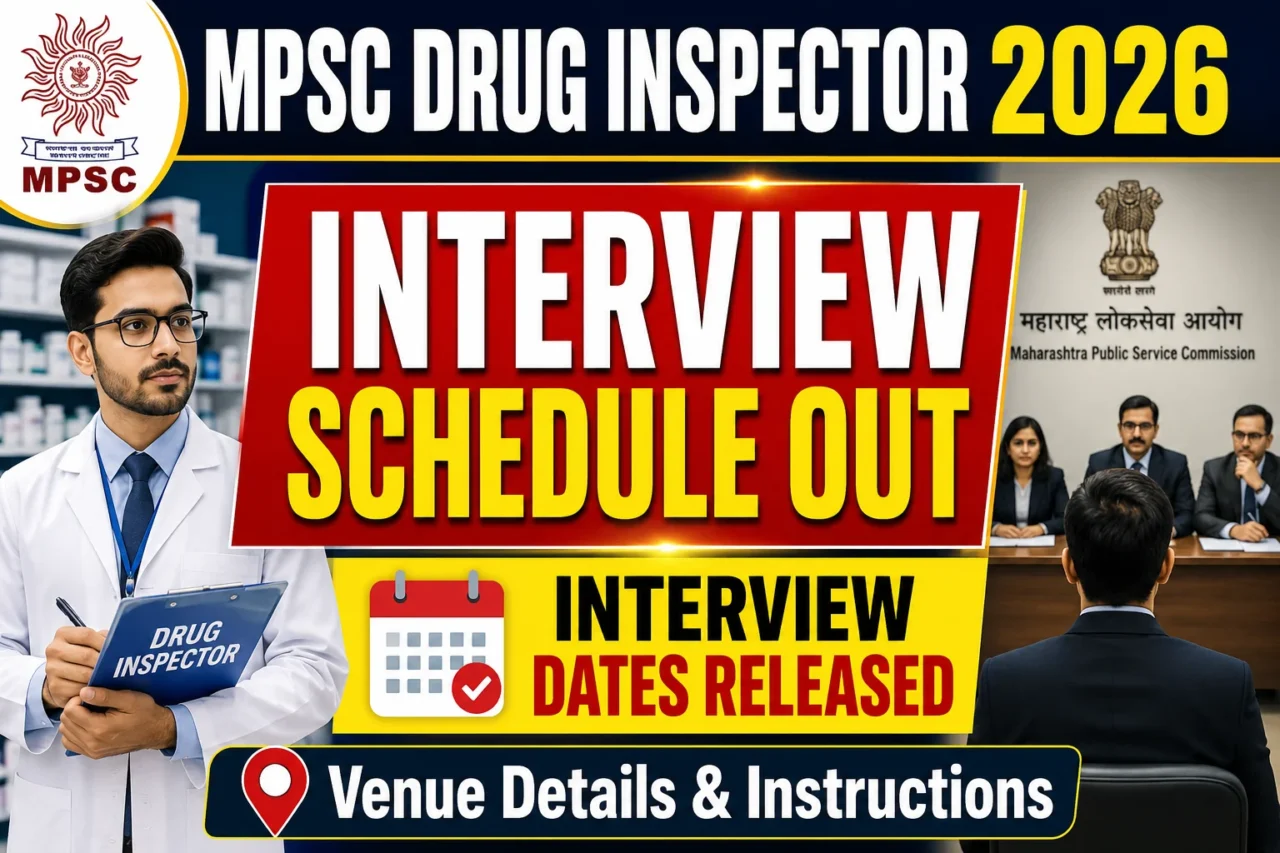 MPSC Drug Inspector 2026 interview schedule announcement thumbnail featuring a drug inspector, interview panel, MPSC logo, calendar icon, and bold text highlighting interview dates released and venue details.