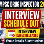 MPSC Drug Inspector 2026 interview schedule announcement thumbnail featuring a drug inspector, interview panel, MPSC logo, calendar icon, and bold text highlighting interview dates released and venue details.