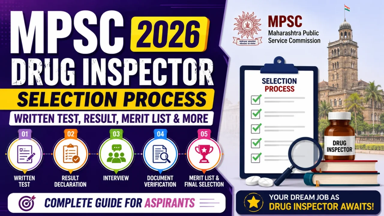 MPSC Drug Inspector Selection Process 2026 infographic showing written test, result declaration, interview, document verification, merit list, and final selection stages with Maharashtra Public Service Commission branding.