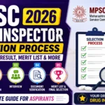 MPSC Drug Inspector Selection Process 2026 infographic showing written test, result declaration, interview, document verification, merit list, and final selection stages with Maharashtra Public Service Commission branding.