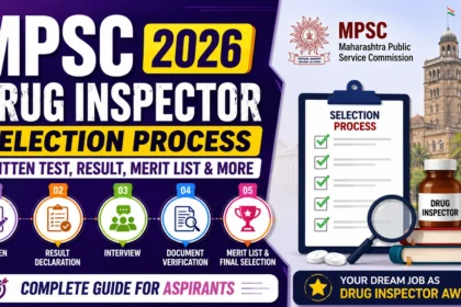 MPSC Drug Inspector Selection Process 2026 infographic showing written test, result declaration, interview, document verification, merit list, and final selection stages with Maharashtra Public Service Commission branding.