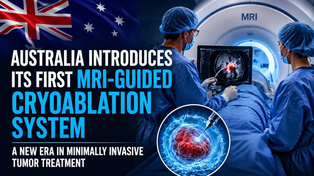 Australia's first MRI-guided cryoablation system featured in a medical treatment setting, showing doctors performing a minimally invasive tumor-freezing procedure using MRI imaging technology.