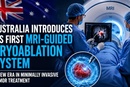 Australia's first MRI-guided cryoablation system featured in a medical treatment setting, showing doctors performing a minimally invasive tumor-freezing procedure using MRI imaging technology.