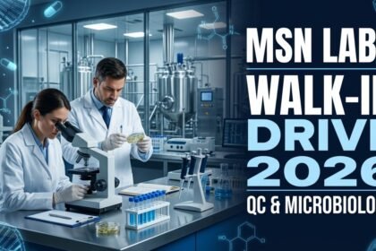 MSN Laboratories Walk-In Drive 2026 thumbnail showing modern pharmaceutical laboratory, scientists performing quality control and microbiology testing, laboratory equipment, and recruitment announcement.