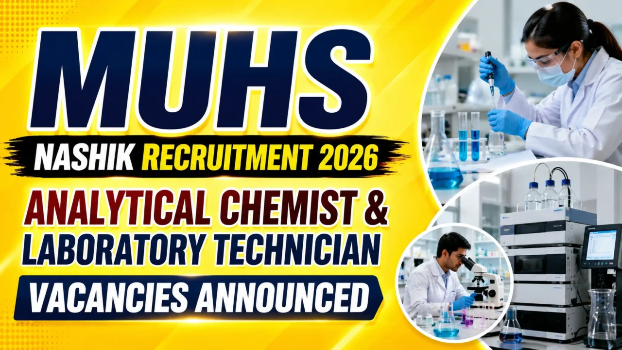 YouTube thumbnail for MUHS Nashik Recruitment 2026 featuring Analytical Chemist and Laboratory Technician vacancies, laboratory equipment, HPLC system, scientist working in a research lab, and a bright yellow gradient background.