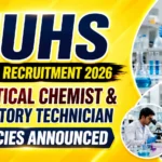 YouTube thumbnail for MUHS Nashik Recruitment 2026 featuring Analytical Chemist and Laboratory Technician vacancies, laboratory equipment, HPLC system, scientist working in a research lab, and a bright yellow gradient background.