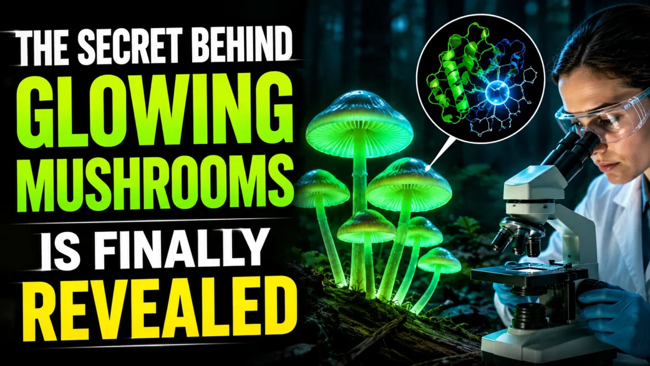 Bioluminescent mushrooms glowing in a dark forest while a scientist examines them under a microscope, illustrating the scientific discovery behind fungal bioluminescence.