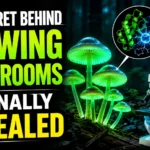 Bioluminescent mushrooms glowing in a dark forest while a scientist examines them under a microscope, illustrating the scientific discovery behind fungal bioluminescence.