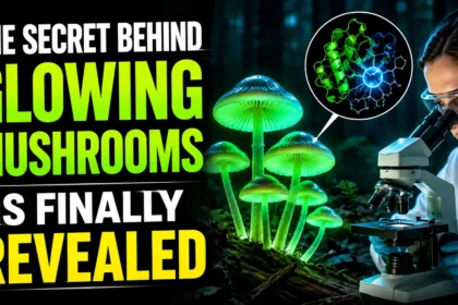 Bioluminescent mushrooms glowing in a dark forest while a scientist examines them under a microscope, illustrating the scientific discovery behind fungal bioluminescence.