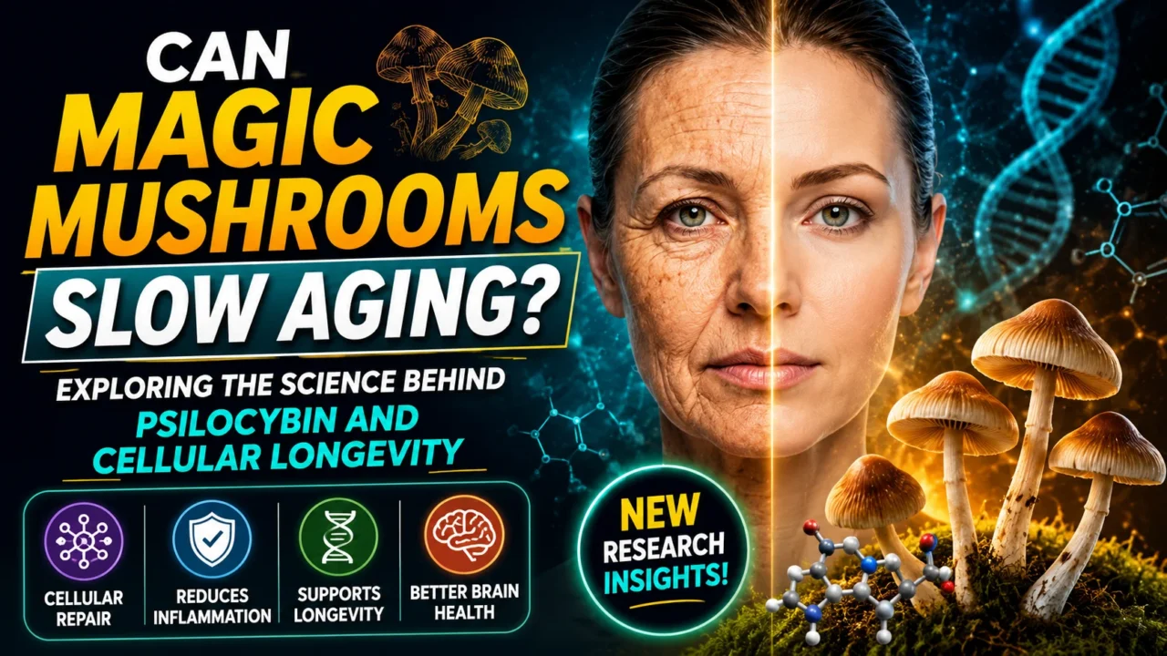 A thumbnail showing magic mushrooms, a split-face aging comparison, DNA strands, and cellular science graphics highlighting research on psilocybin's potential effects on aging and longevity.