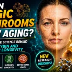 A thumbnail showing magic mushrooms, a split-face aging comparison, DNA strands, and cellular science graphics highlighting research on psilocybin's potential effects on aging and longevity.